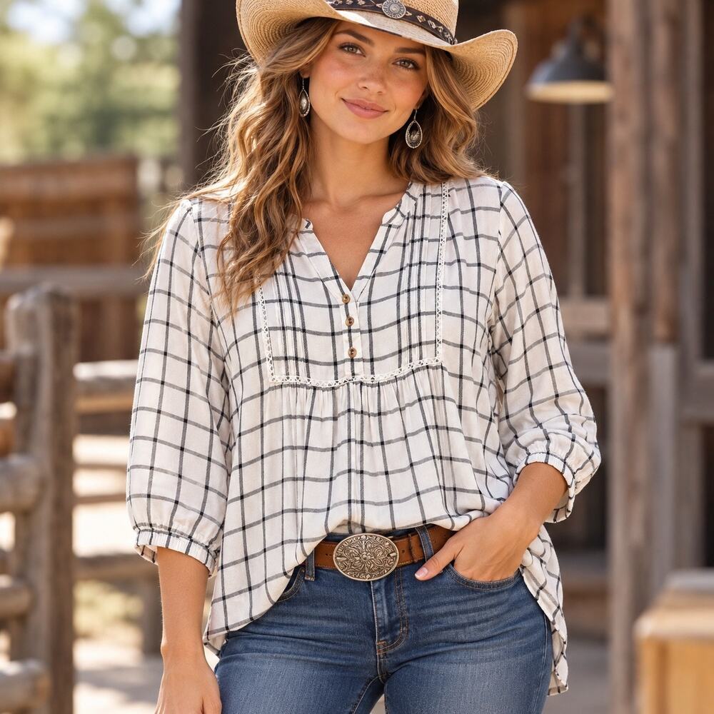 Wrangler Plaid Peasant Blouse High/Lo Hem 3/4 Sleeve SzL Western Boho